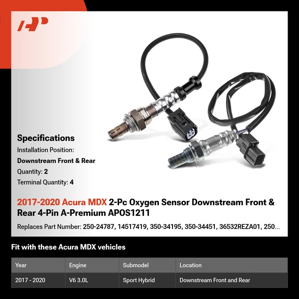 2017-2020 Acura MDX 2-Pc Oxygen Sensor Downstream Front & Rear 4-Pin A-Premium APOS1211