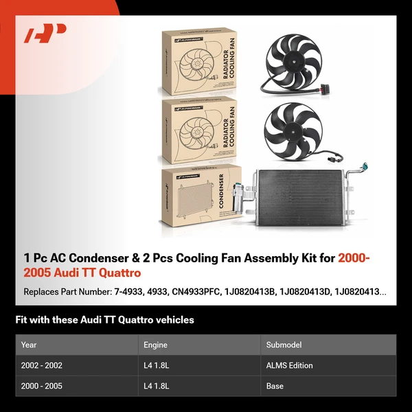 1 Pc AC Condenser & 2 Pcs Cooling Fan Assembly Kit for 2000-2005 Audi TT Quattro