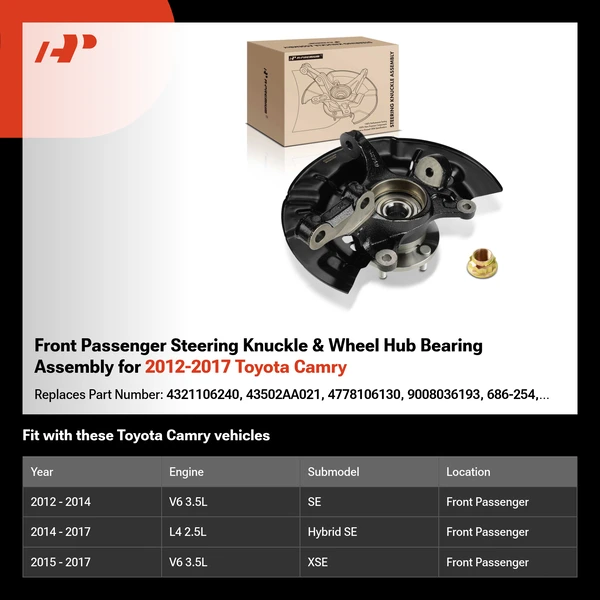 Front Passenger Steering Knuckle & Wheel Hub Bearing Assembly for 2012-2017 Toyota Camry