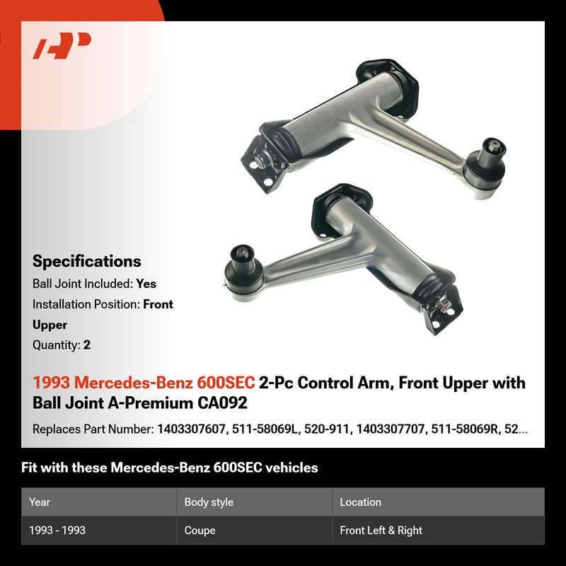 1993 Mercedes-Benz 600SEC 2-Pc Control Arm, Front Upper with Ball Joint A-Premium CA092