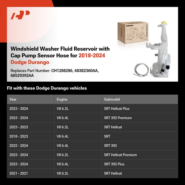 Windshield Washer Fluid Reservoir with Cap Pump Sensor Hose for 2018-2024 Dodge Durango