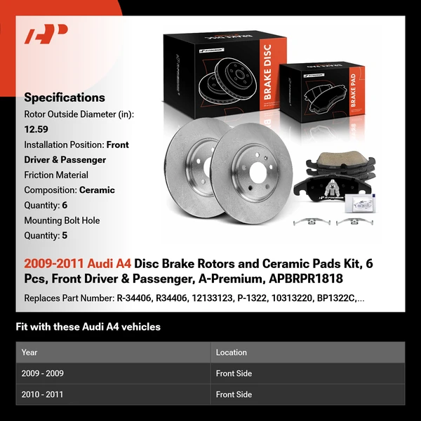 2009-2011 Audi A4 Disc Brake Rotors and Ceramic Pads Kit, 6 Pcs, Front Driver & Passenger, A-Premium, APBRPR1818