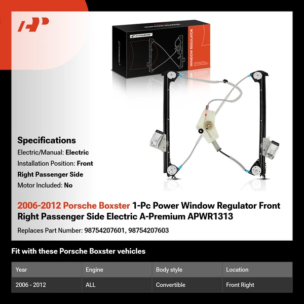 2006-2012 Porsche Boxster 1-Pc Power Window Regulator Front Right Passenger Side Electric A-Premium APWR1313