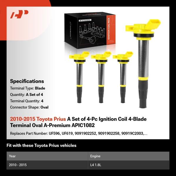 2010-2015 Toyota Prius A Set of 4-Pc Ignition Coil 4-Blade Terminal Oval A-Premium APIC1082