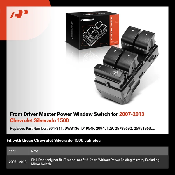 Front Driver Master Power Window Switch for 2007-2013 Chevrolet Silverado 1500