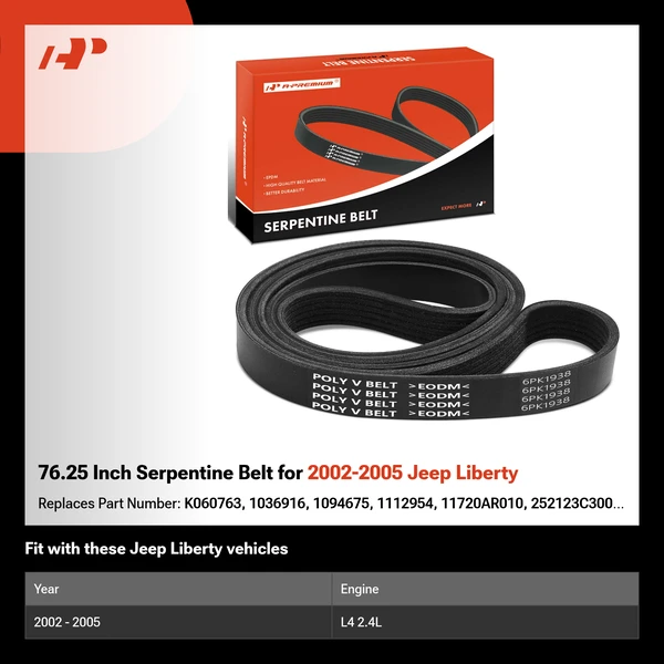 76.25 Inch Serpentine Belt for 2002-2005 Jeep Liberty