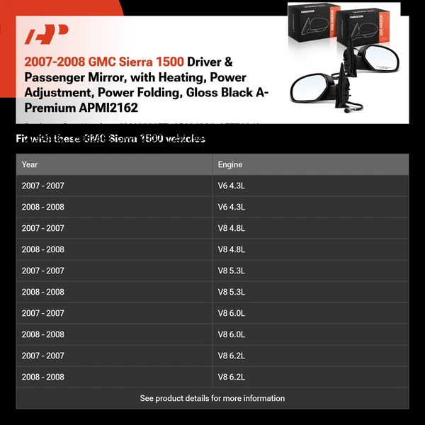 2007-2008 GMC Sierra 1500 Driver & Passenger Mirror, with Heating, Power Adjustment, Power Folding, Gloss Black A-Premium APMI2162