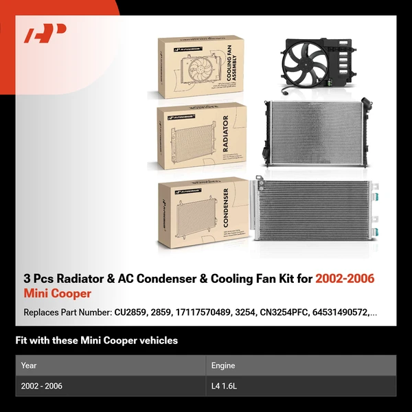 3 Pcs Radiator & AC Condenser & Cooling Fan Kit for 2002-2006 Mini Cooper