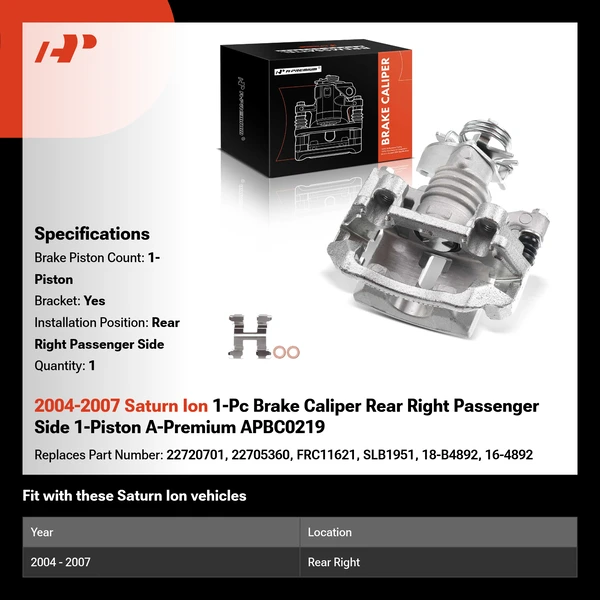2004-2007 Saturn Ion 1-Pc Brake Caliper Rear Right Passenger Side 1-Piston A-Premium APBC0219