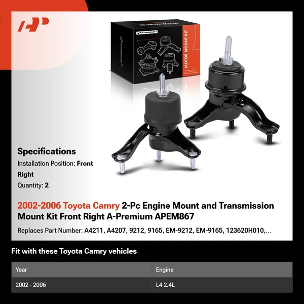 2002-2006 Toyota Camry 2-Pc Engine Mount and Transmission Mount Kit Front Right A-Premium APEM867