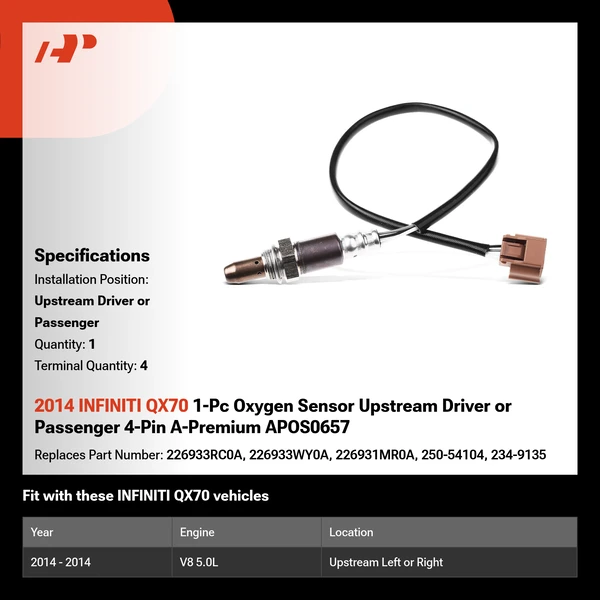2014 INFINITI QX70 1-Pc Oxygen Sensor Upstream Driver or Passenger 4-Pin A-Premium APOS0657