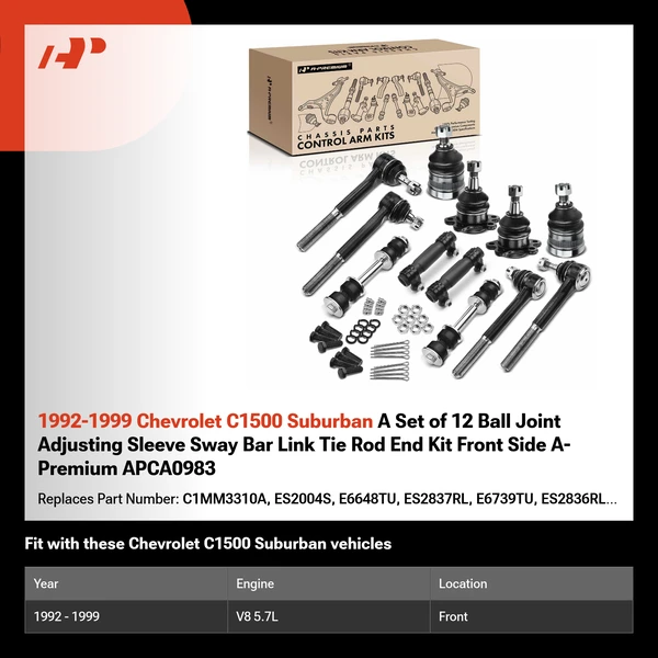 1992-1999 Chevrolet C1500 Suburban A Set of 12 Ball Joint Adjusting Sleeve Sway Bar Link Tie Rod End Kit Front Side A-Premium APCA0983