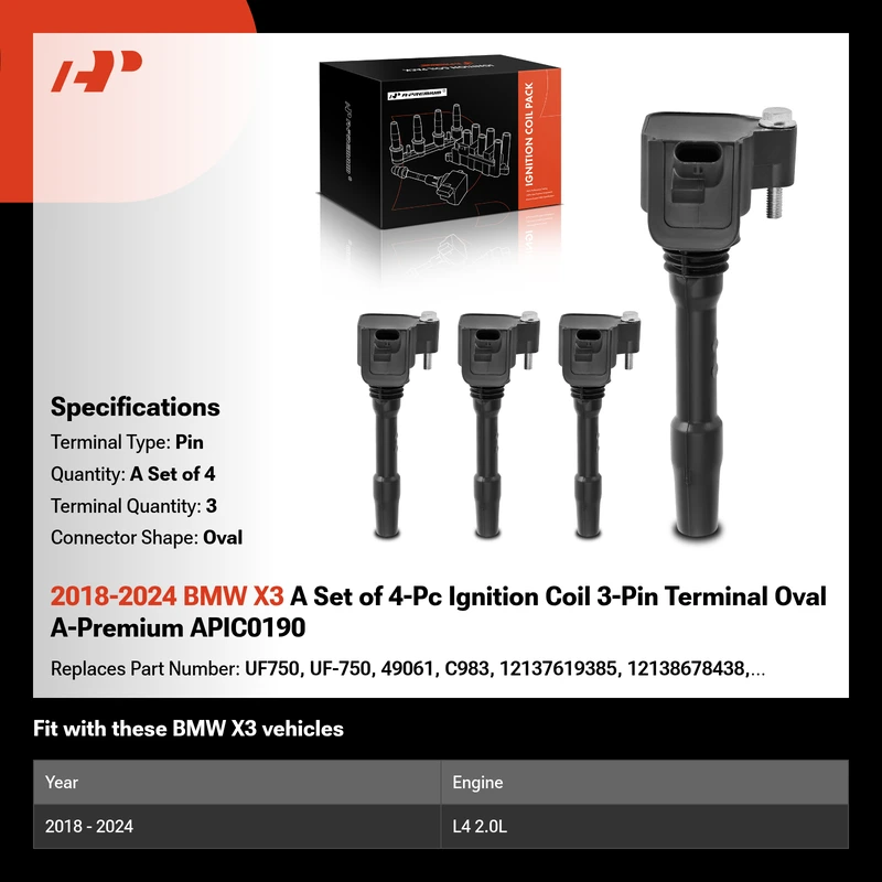 2018-2024 BMW X3 A Set of 4-Pc Ignition Coil 3-Pin Terminal Oval A-Premium APIC0190