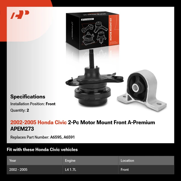2002-2005 Honda Civic 2-Pc Motor Mount Front A-Premium APEM273