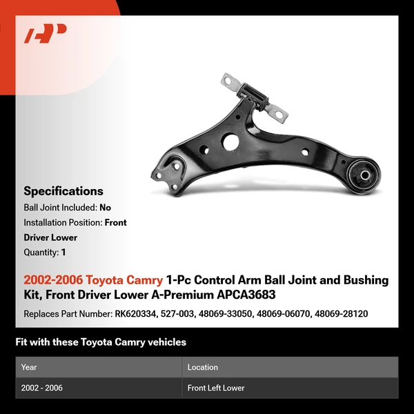 2002-2006 Toyota Camry 1-Pc Control Arm Ball Joint and Bushing Kit, Front Driver Lower A-Premium APCA3683
