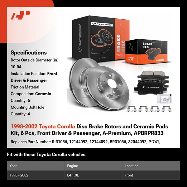 1998-2002 Toyota Corolla Disc Brake Rotors and Ceramic Pads Kit, 6 Pcs, Front Driver & Passenger, A-Premium, APBRPR833