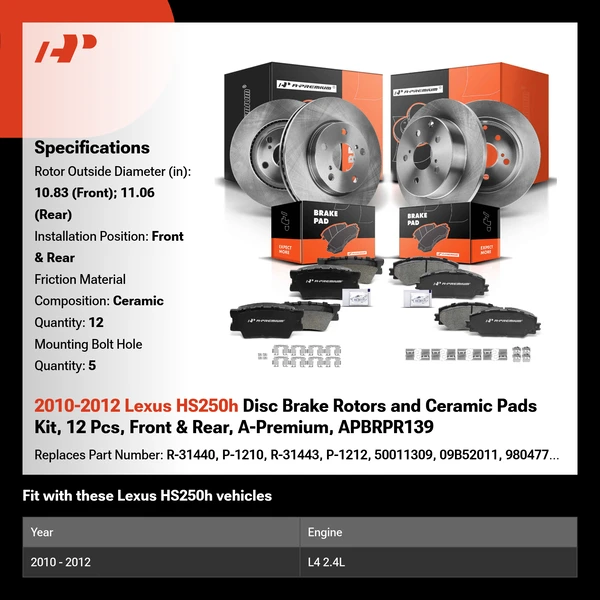 2010-2012 Lexus HS250h Disc Brake Rotors and Ceramic Pads Kit, 12 Pcs, Front & Rear, A-Premium, APBRPR139