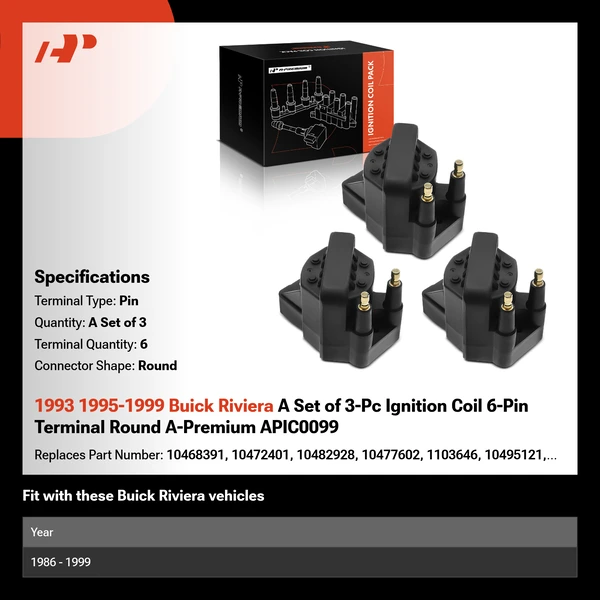 1993 1995-1999 Buick Riviera A Set of 3-Pc Ignition Coil 6-Pin Terminal Round A-Premium APIC0099