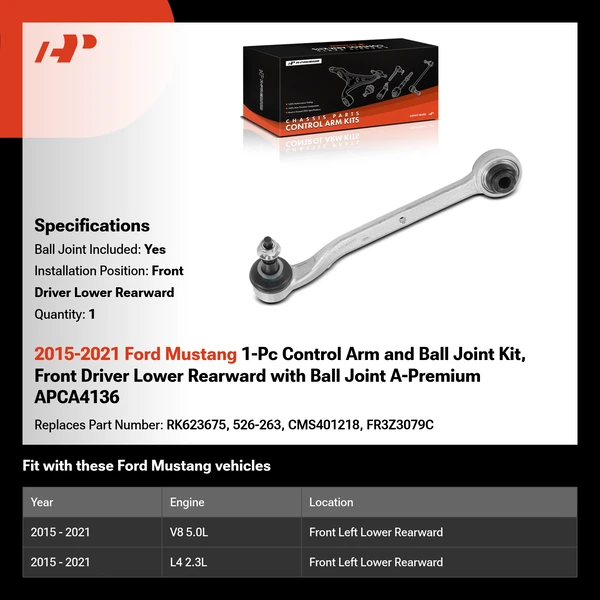 2015-2021 Ford Mustang 1-Pc Control Arm and Ball Joint Kit, Front Driver Lower Rearward with Ball Joint A-Premium APCA4136
