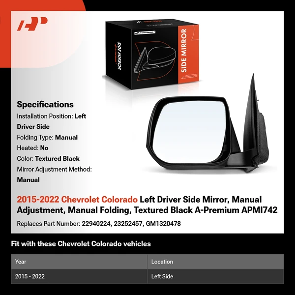 2015-2022 Chevrolet Colorado Left Driver Side Mirror, Manual Adjustment, Manual Folding, Textured Black A-Premium APMI742