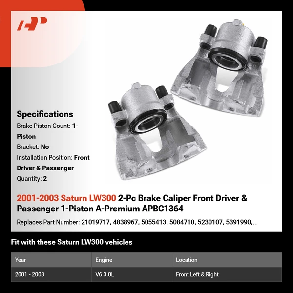 2001-2003 Saturn LW300 2-Pc Brake Caliper Front Driver & Passenger 1-Piston A-Premium APBC1364