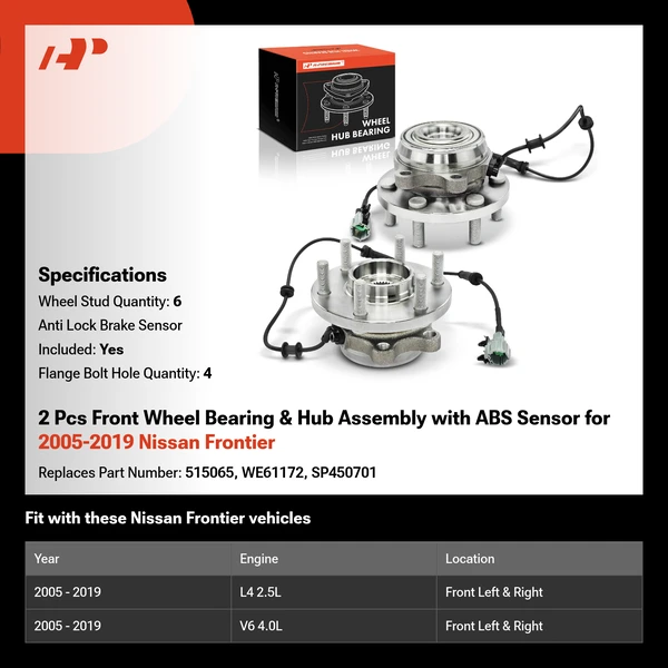 2 Pcs Front Wheel Bearing & Hub Assembly with ABS Sensor for 2005-2019 Nissan Frontier