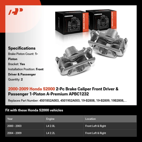 2000-2009 Honda S2000 2-Pc Brake Caliper Front Driver & Passenger 1-Piston A-Premium APBC1232