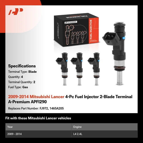 2009-2014 Mitsubishi Lancer 4-Pc Fuel Injector 2-Blade Terminal A-Premium APFI290