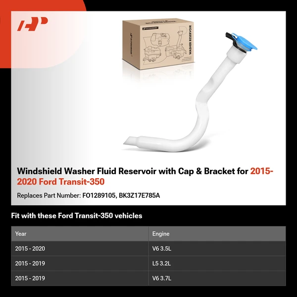 Windshield Washer Fluid Reservoir with Cap & Bracket for 2015-2020 Ford Transit-350