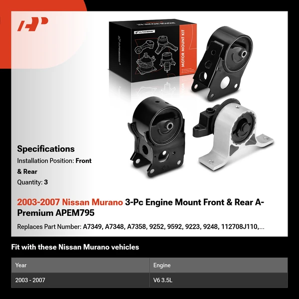2003-2007 Nissan Murano 3-Pc Engine Mount Front & Rear A-Premium APEM795