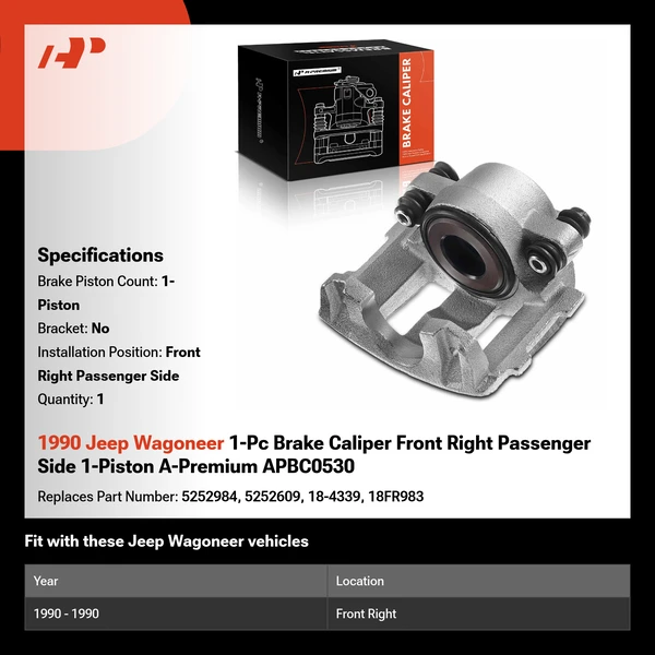 1990 Jeep Wagoneer 1-Pc Brake Caliper Front Right Passenger Side 1-Piston A-Premium APBC0530