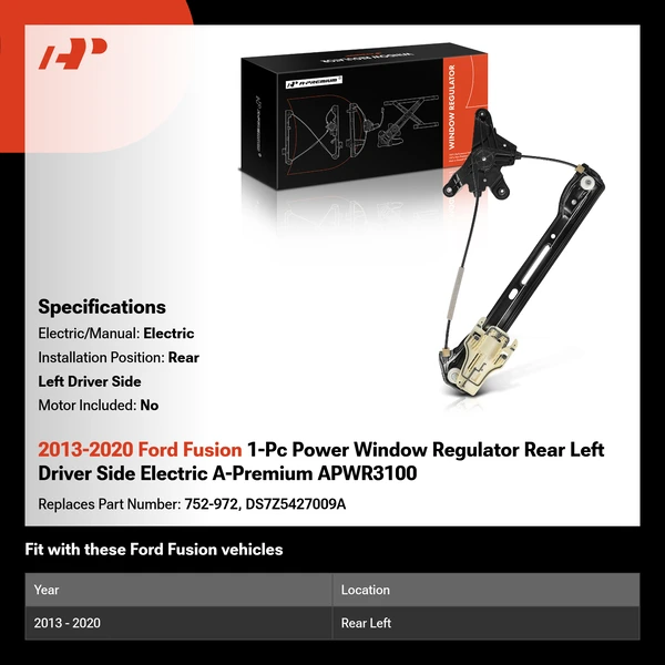 2013-2020 Ford Fusion 1-Pc Power Window Regulator Rear Left Driver Side Electric A-Premium APWR3100