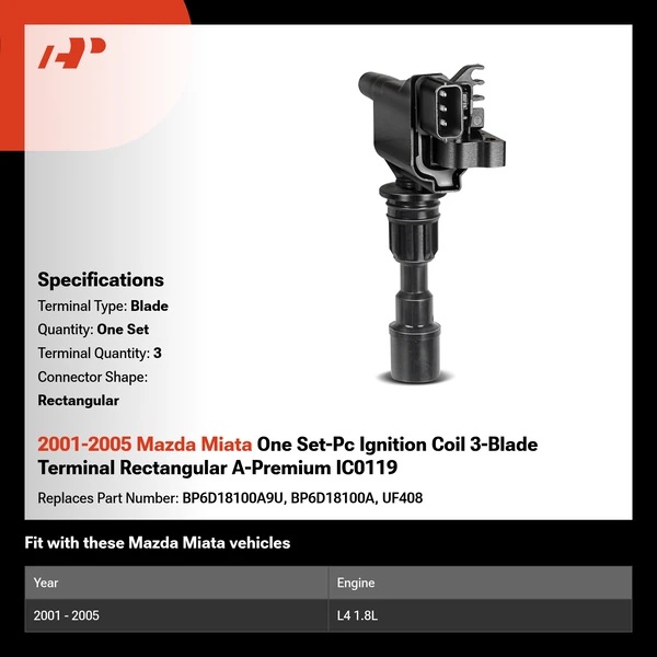 2001-2005 Mazda Miata One Set-Pc Ignition Coil 3-Blade Terminal Rectangular A-Premium IC0119