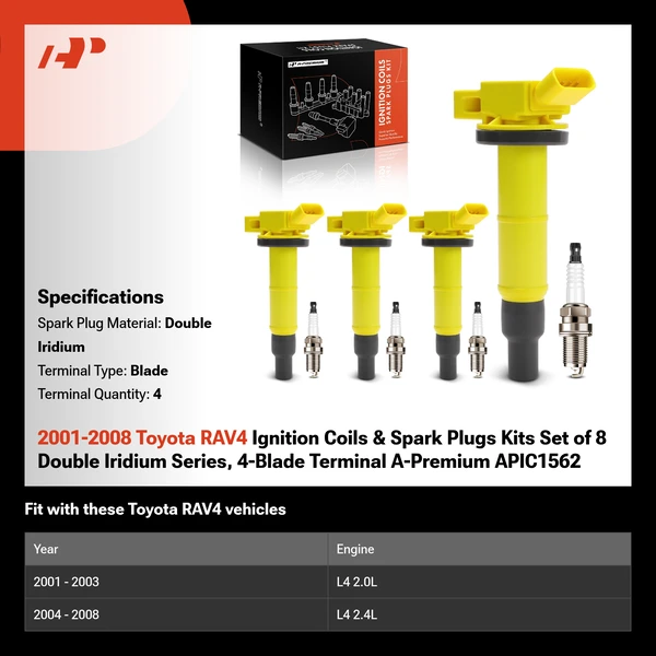 2001-2008 Toyota RAV4 Ignition Coils & Spark Plugs Kits Set of 8 Double Iridium Series, 4-Blade Terminal A-Premium APIC1562