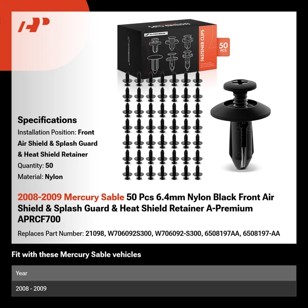 2008-2009 Mercury Sable 50 Pcs 6.4mm Nylon Black Front Air Shield & Splash Guard & Heat Shield Retainer A-Premium APRCF700