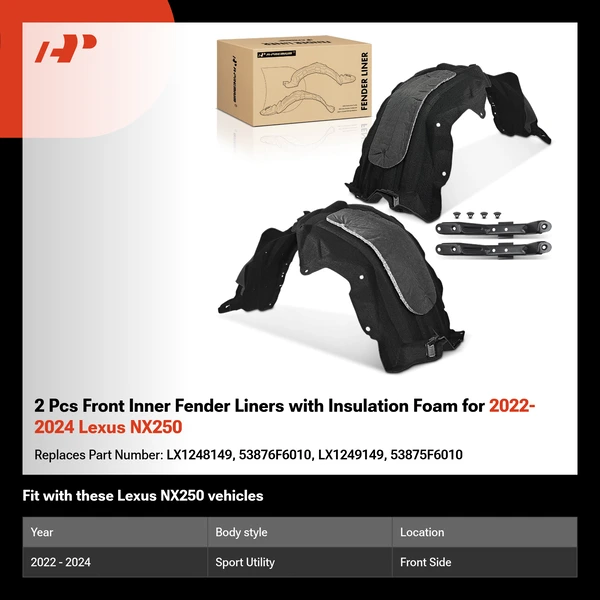 2 Pcs Front Inner Fender Liners with Insulation Foam for 2022-2024 Lexus NX250