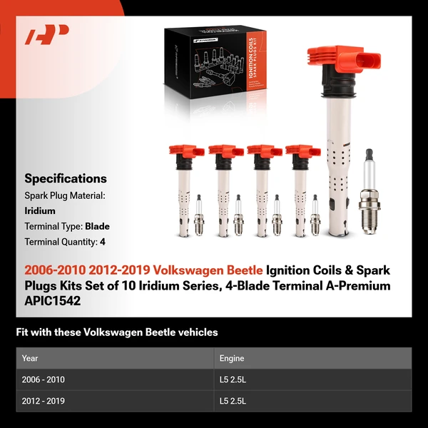 2006-2010 2012-2019 Volkswagen Beetle Ignition Coils & Spark Plugs Kits Set of 10 Iridium Series, 4-Blade Terminal A-Premium APIC1542