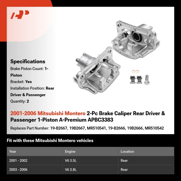 2001-2006 Mitsubishi Montero 2-Pc Brake Caliper Rear Driver & Passenger 1-Piston A-Premium APBC3383