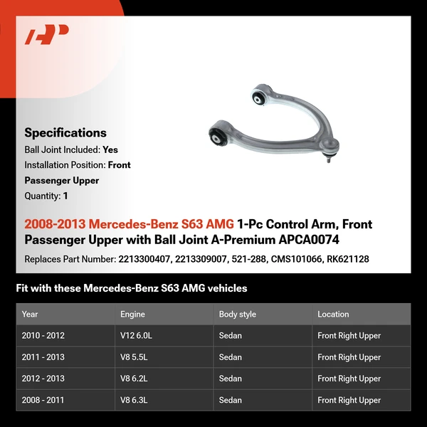 2008-2013 Mercedes-Benz S63 AMG 1-Pc Control Arm, Front Passenger Upper with Ball Joint A-Premium APCA0074