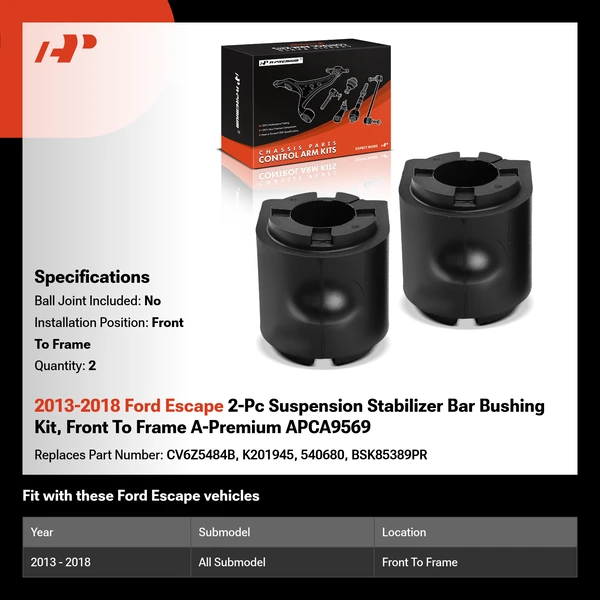 2013-2018 Ford Escape 2-Pc Suspension Stabilizer Bar Bushing Kit, Front To Frame A-Premium APCA9569