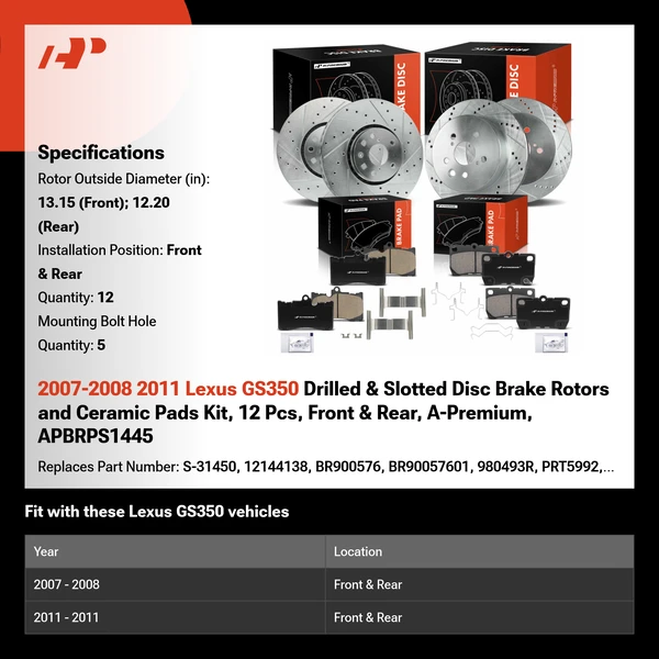 2007-2008 2011 Lexus GS350 Drilled & Slotted Disc Brake Rotors and Ceramic Pads Kit, 12 Pcs, Front & Rear, A-Premium, APBRPS1445