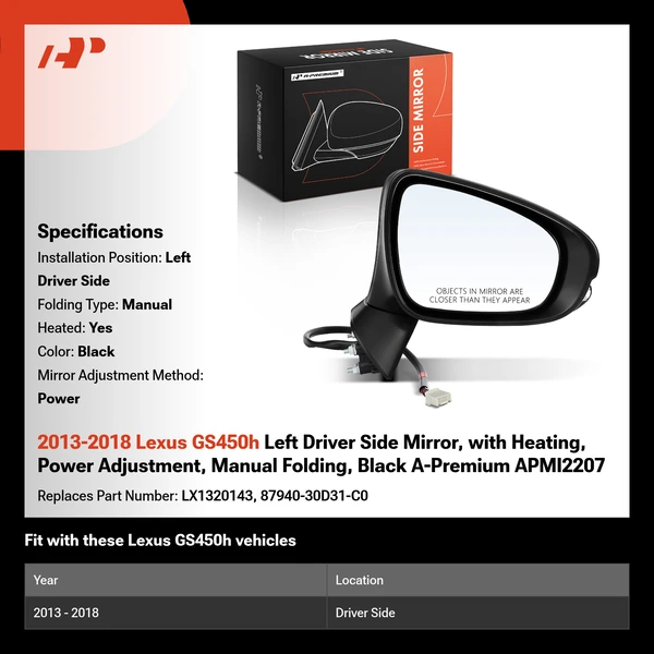 2013-2018 Lexus GS450h Left Driver Side Mirror, with Heating, Power Adjustment, Manual Folding, Black A-Premium APMI2207