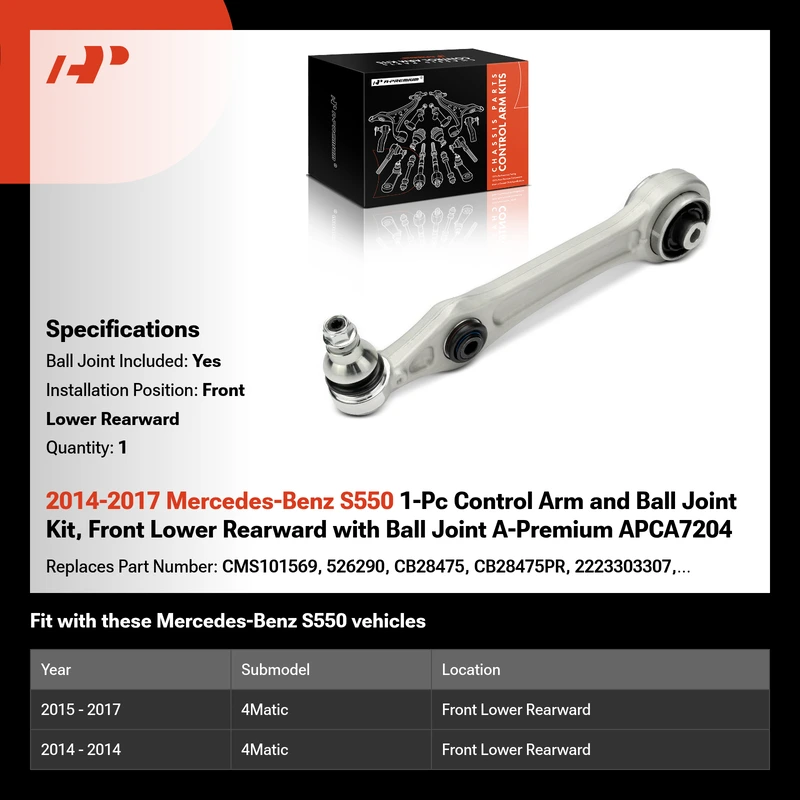2014-2017 Mercedes-Benz S550 1-Pc Control Arm and Ball Joint Kit, Front Lower Rearward with Ball Joint A-Premium APCA7204