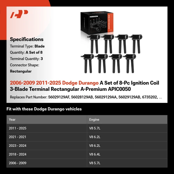 2006-2009 2011-2025 Dodge Durango A Set of 8-Pc Ignition Coil 3-Blade Terminal Rectangular A-Premium APIC0050