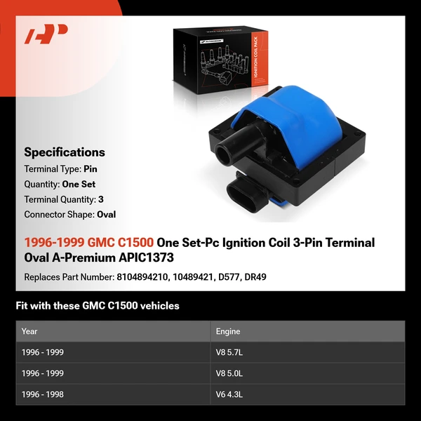 1996-1999 GMC C1500 One Set-Pc Ignition Coil 3-Pin Terminal Oval A-Premium APIC1373