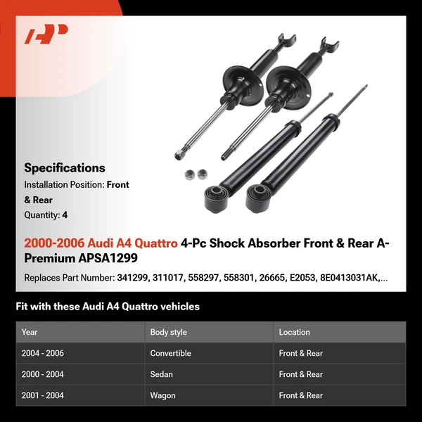 2000-2006 Audi A4 Quattro 4-Pc Shock Absorber Front & Rear A-Premium APSA1299
