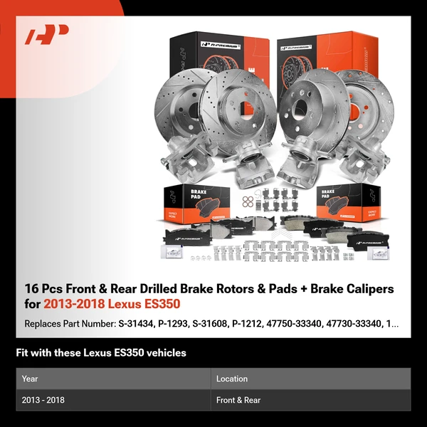 16 Pcs Front & Rear Drilled Brake Rotors & Pads + Brake Calipers for 2013-2018 Lexus ES350