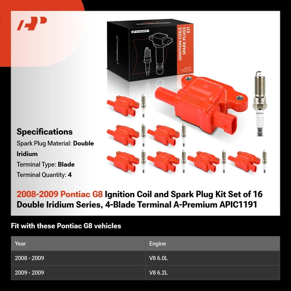 2008-2009 Pontiac G8 Ignition Coil and Spark Plug Kit Set of 16 Double Iridium Series, 4-Blade Terminal A-Premium APIC1191