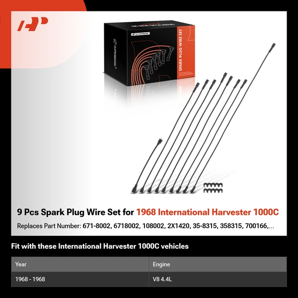 9 Pcs Spark Plug Wire Set for 1968 International Harvester 1000C