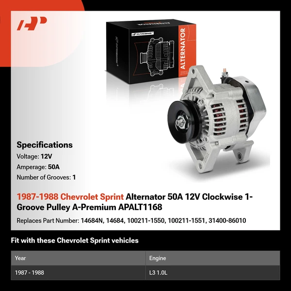 1987-1988 Chevrolet Sprint Alternator 50A 12V Clockwise 1-Groove Pulley A-Premium APALT1168